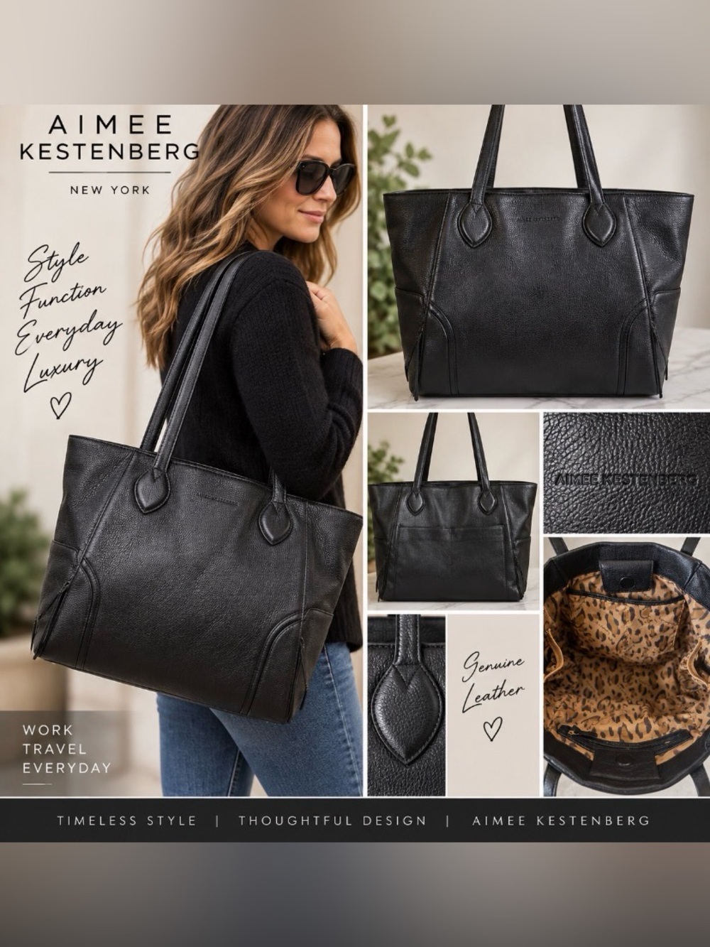 Aimee Kestenberg Black Pebbled Leather Large Tote Shoulder Bag